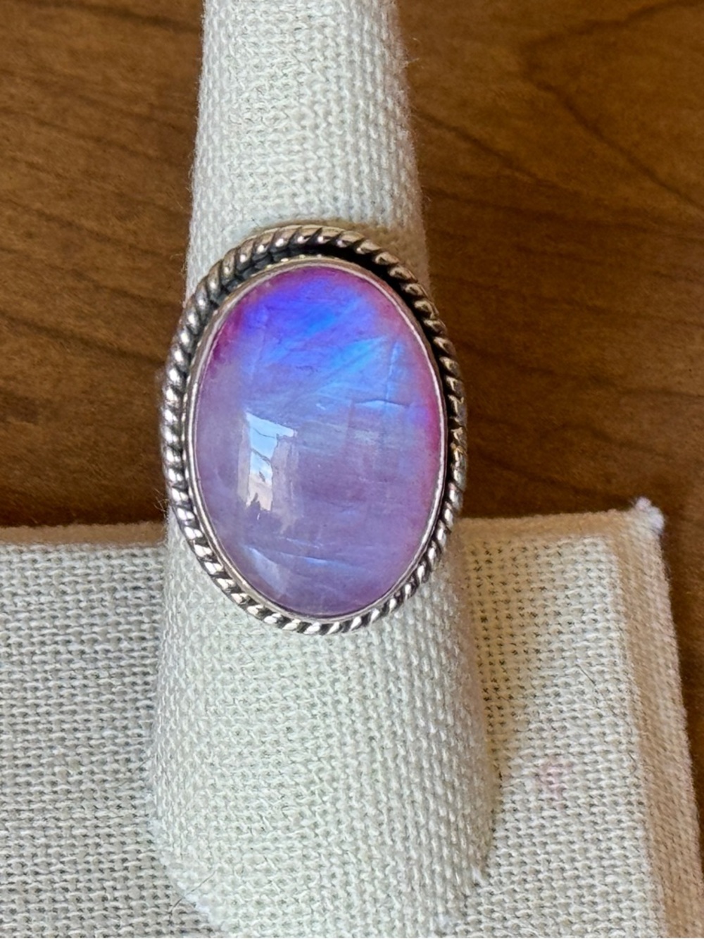 Solid Sterling Silver Pink Moonstone Oval  Rope Bezel Ring